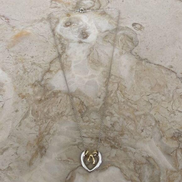 Tiffany & Co. 18K Gold & Sterling Silver Heart & Bow Ribbon Necklace - Picture 9 of 10